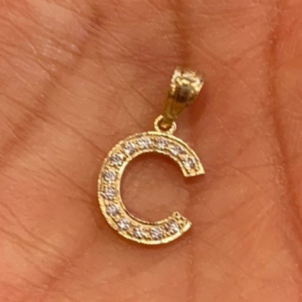 10K Gold CZ initial letter C Pendant Charm